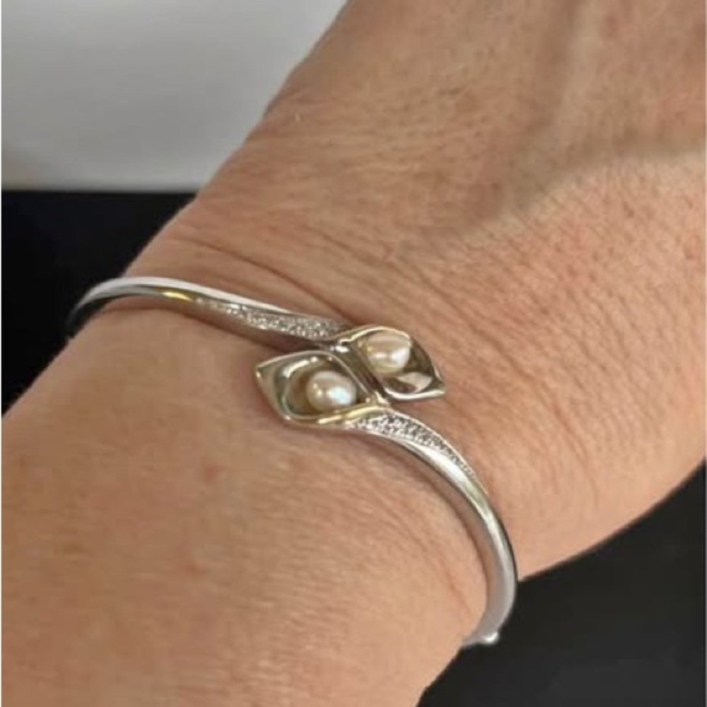 Sterling Silver & 14K Gold Cala Lily Pearl Accent Bangle Bracelet